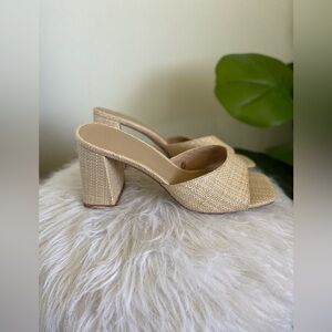 Tan and white woven mule heels